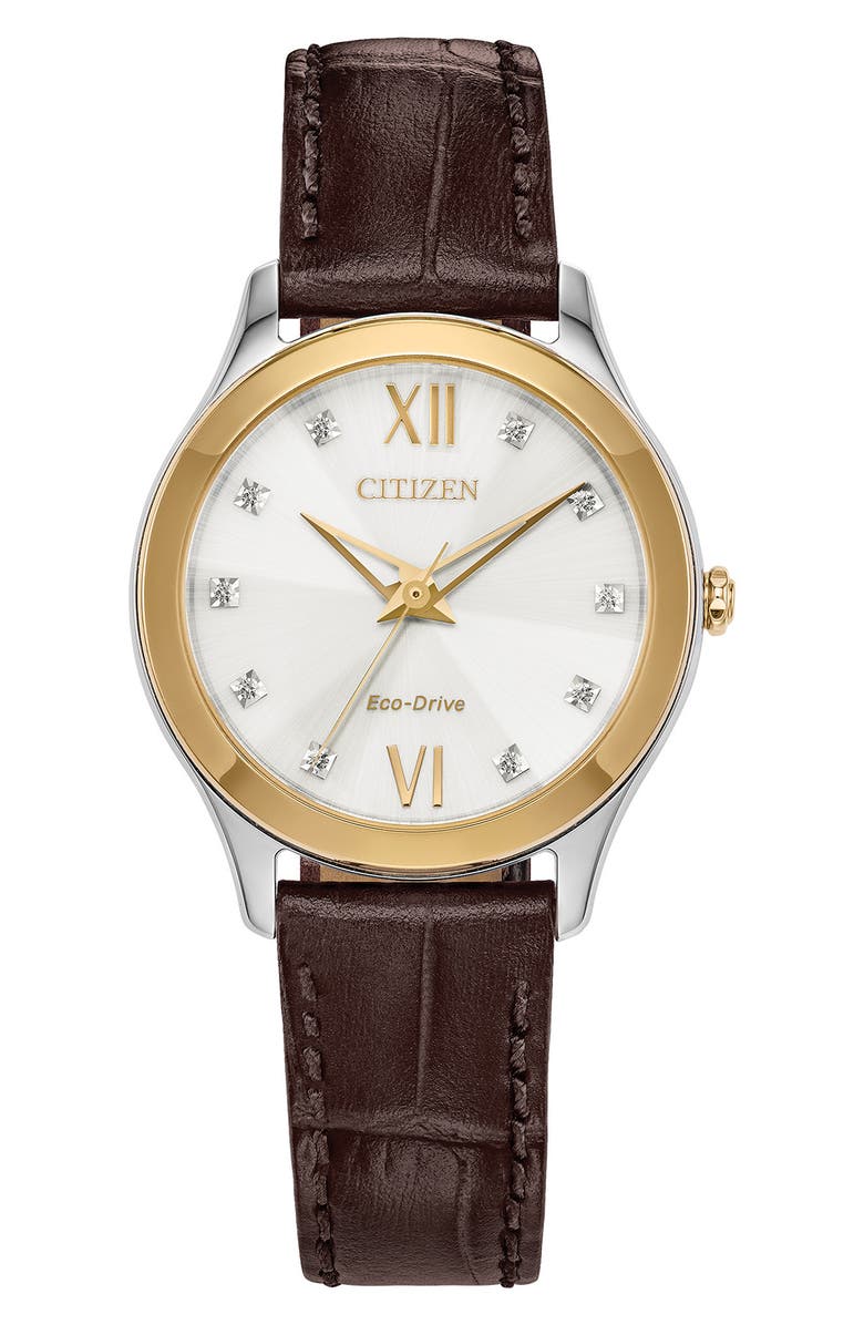 Citizen Diamond Dial Eco-Drive Leather Strap Watch, 29mm, Main, color,