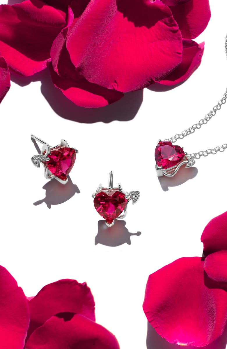 BLING JEWELRY Sterling Silver Red CZ Devil Heart Pendant Necklace & Stud Earrings Set, Alternate, color, Red