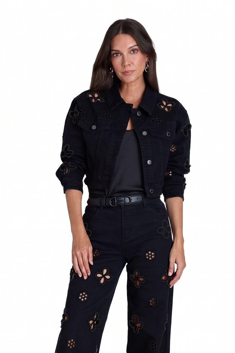 Kaia Pearl Jean Jacket, Alternate, color, BLACK