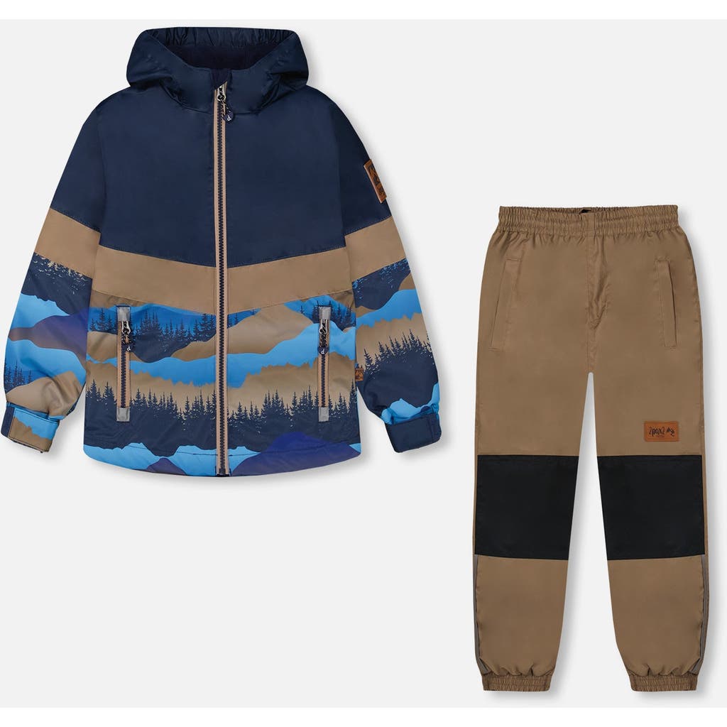 Deux Par Deux Little Boy's Colorblock Printed Two-piece Mid-season Outerwear Set Navy Blue Mountains In Navy Blue Mountains And Taupe