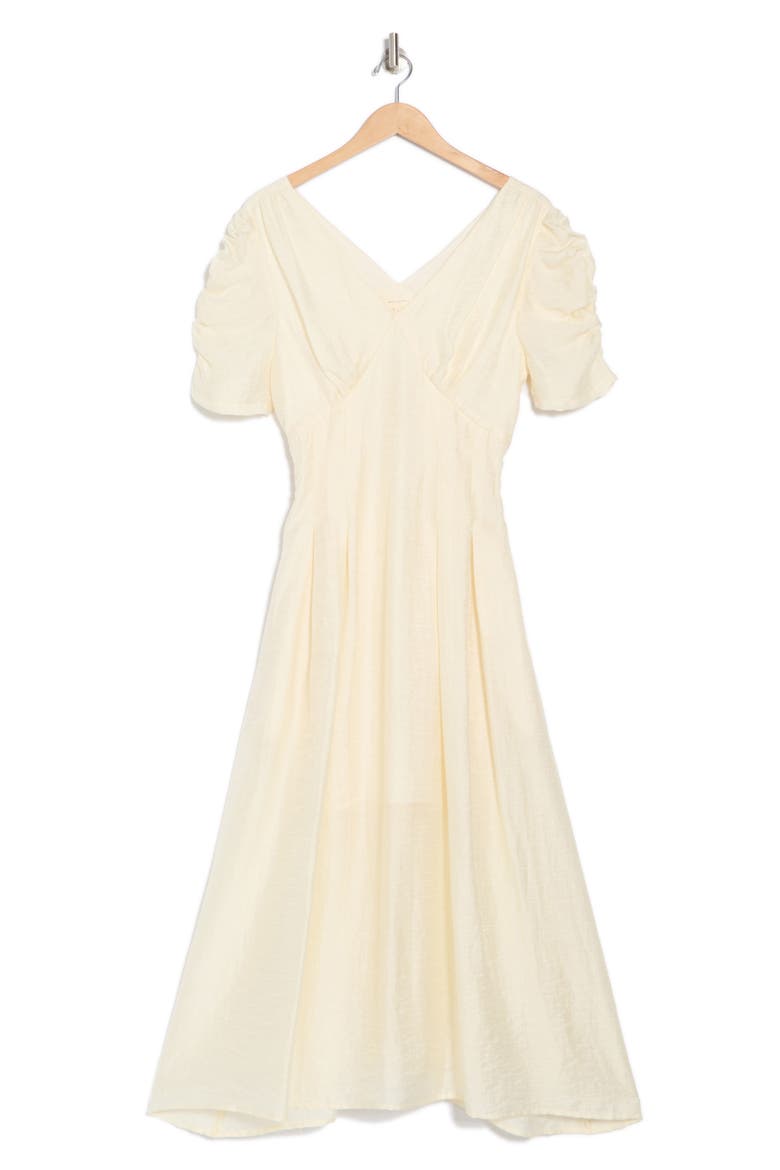 Ruched Sleeve V-Neck Midi Dress, Alternate, color, PALE YELLOW