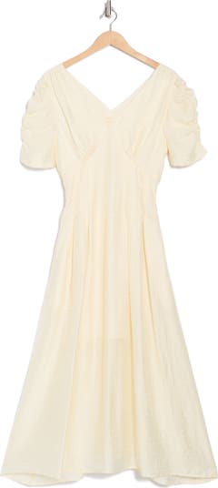 Ruched Sleeve V-Neck Midi Dress
