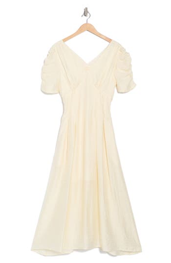 Melloday Ruched Sleeve V-neck Midi Dress In Neutral
