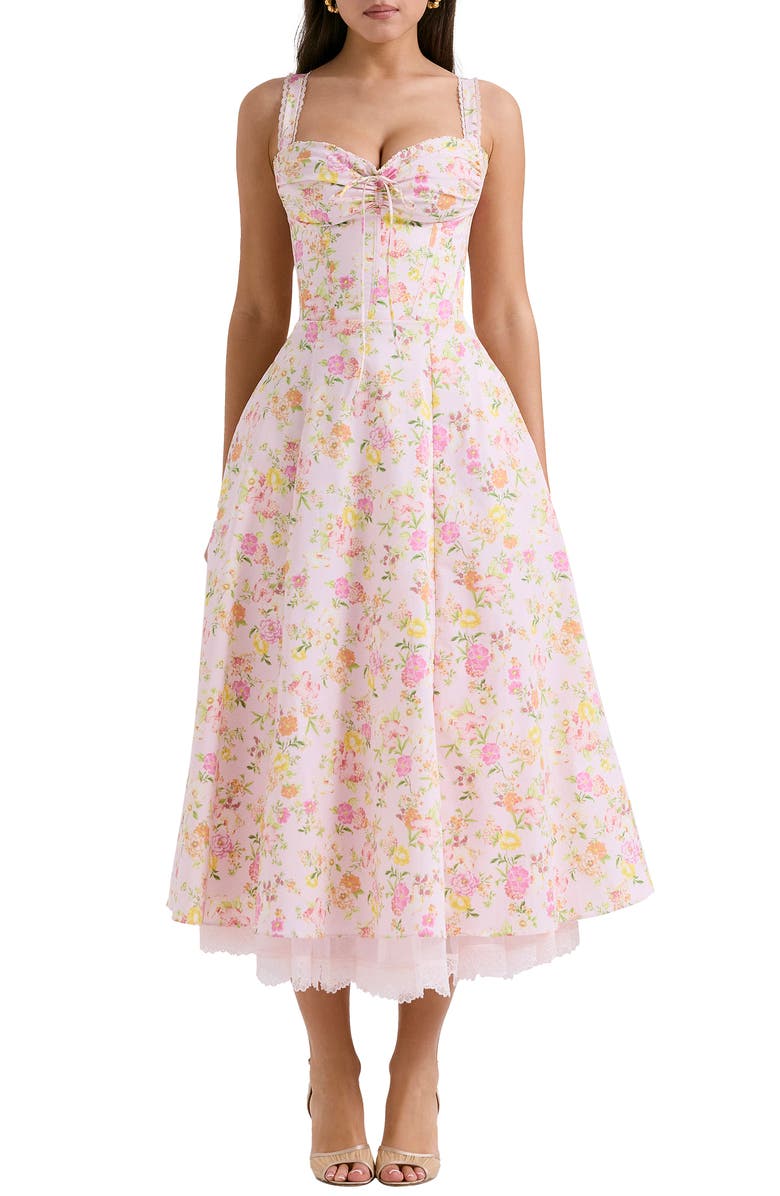 HOUSE OF CB Rosalee Floral Stretch Cotton Petticoat Dress, Main, color, Pink Floral Print