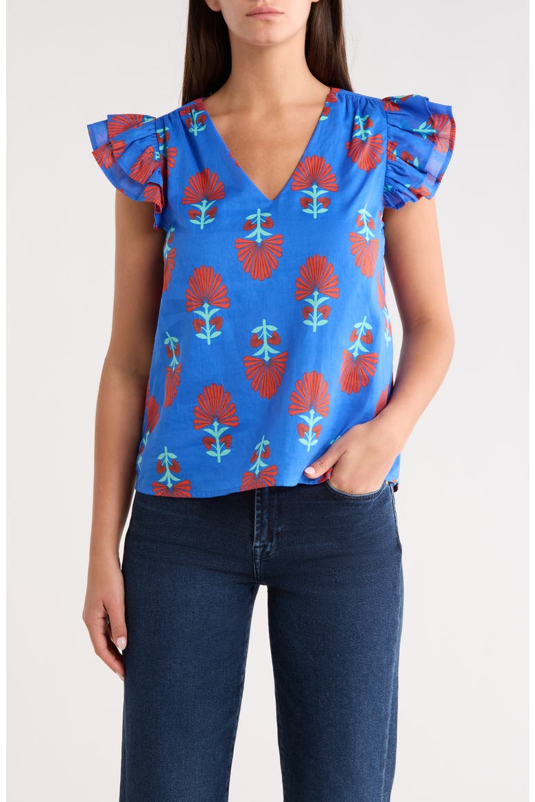 Lucinda Floral Seni Ruffle Sleeve Top, Main, color, BLUE-RED