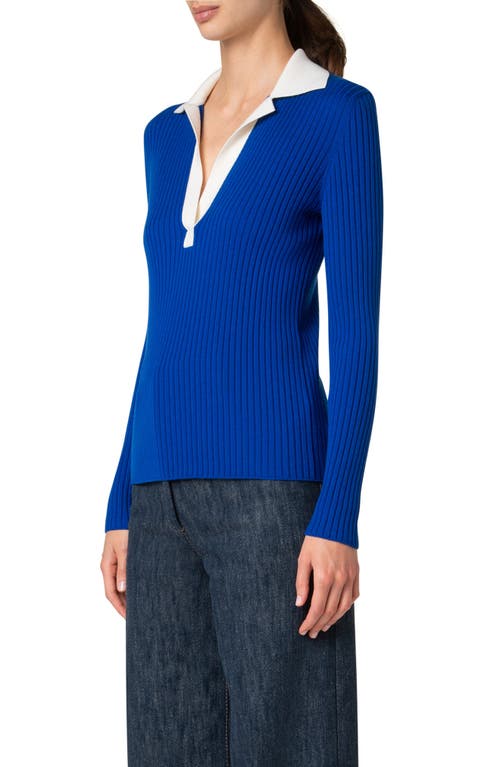Akris Punto Colorblock Long Sleeve Virgin Merino Wool Rib Polo Sweater In Royal-cream