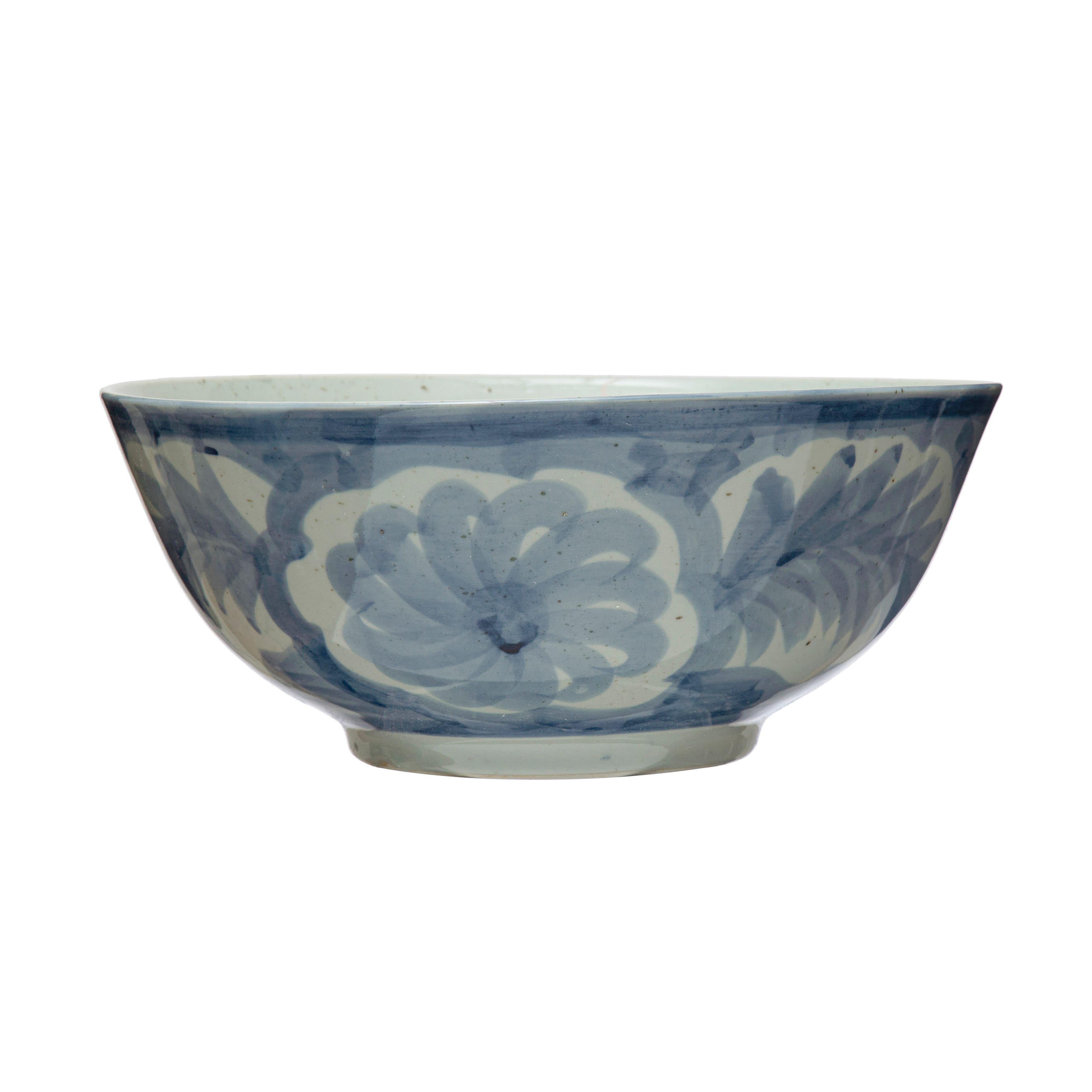 Storied Home Hand Painted Stoneware Bowl With Floral Design, Blue And White