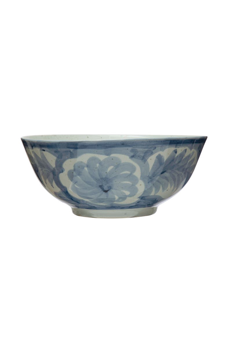 Hand Painted Stoneware Bowl with Floral Design, Blue and White, Main, color, Blue