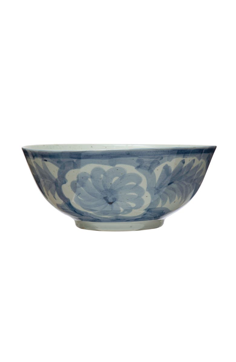 Storied Home Hand Painted Stoneware Bowl with Floral Design, Blue and White, Main, color,