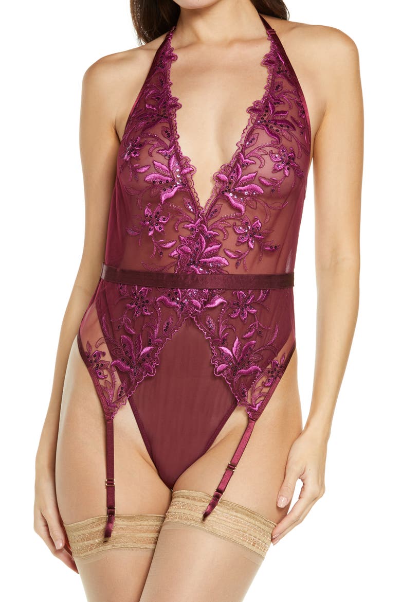 The Boldly Beautiful Thong Bodysuit with Garter Straps, Main, color, BURGUNDY