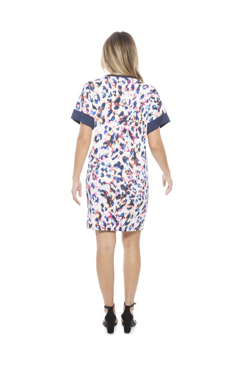 24seven Comfort Apparel Womens Abstract Short Sleeve Knee Length T-Shirt Dress, Alternate, color, White Multi