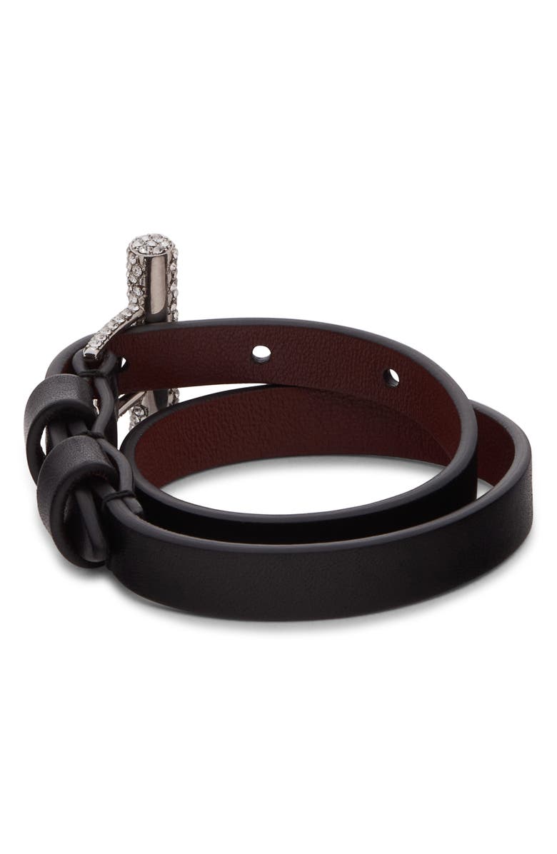 McQueen Crystal Pavé T-Bar Leather Wrap Bracelet, Alternate, color, Black/ Crystal