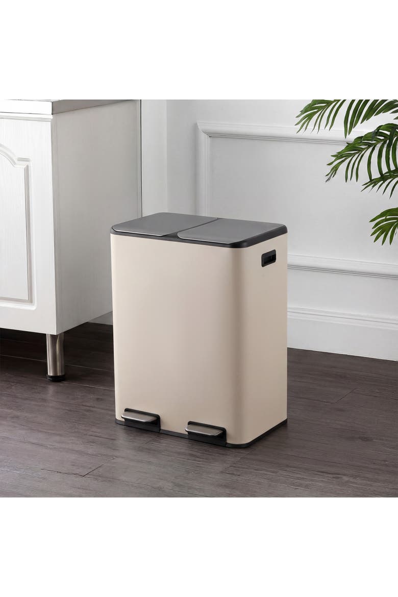 Zipple Rectangular Dual Compartment Recycling Step Pedal Trash Can with Soft-Close Double Lids, Alternate, color, Limestone Beige