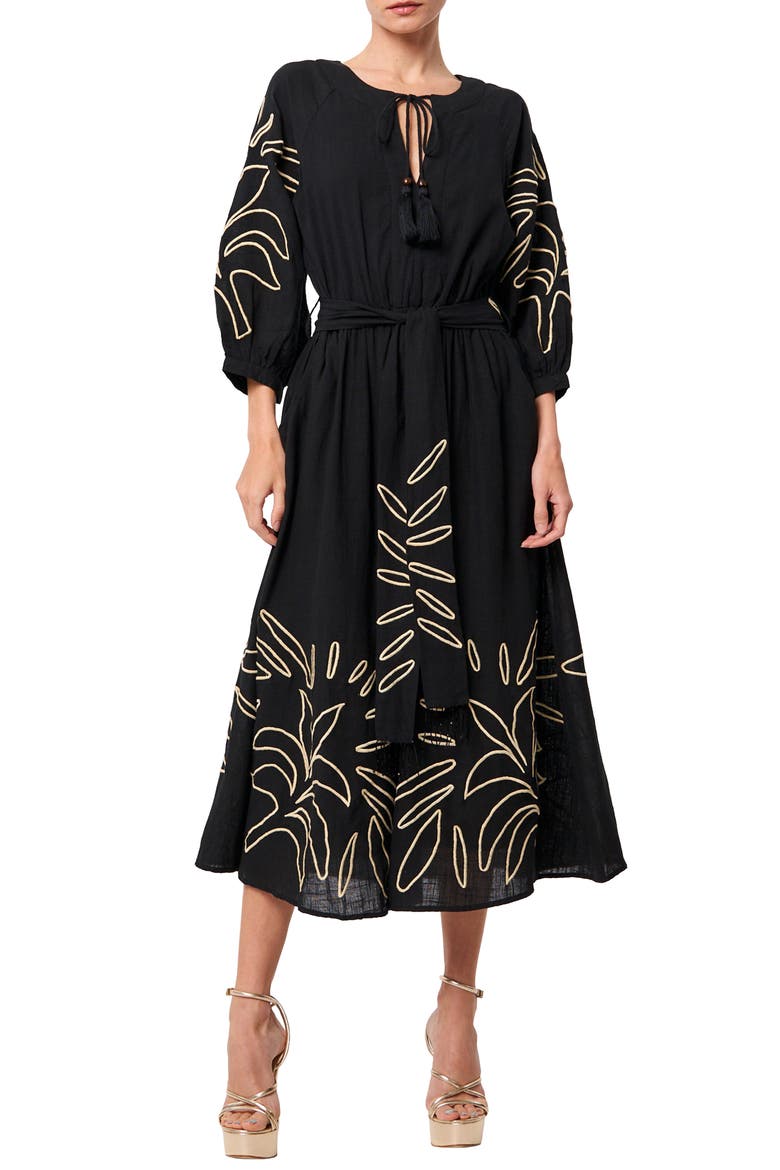 Eliza Embroidered A-Line Dress, Main, color, BLACK