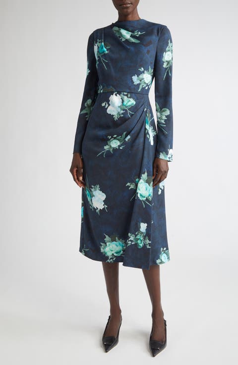 Abstract Rose Print Draped Long Sleeve Stretch Cady Midi Dress