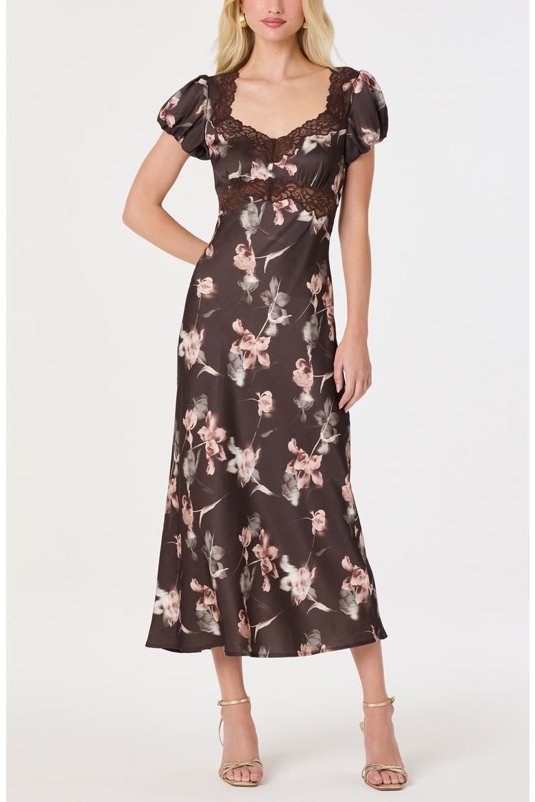Almandina Floral Print Lace Trim Maxi Dress, Main, color, BROWN FLORAL
