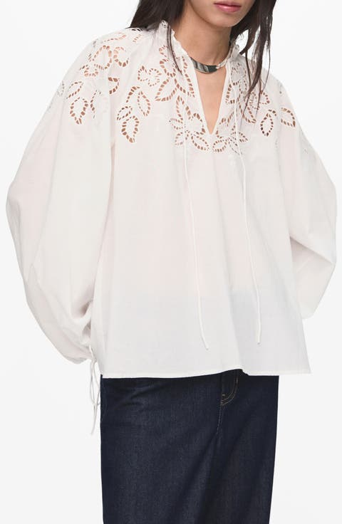 Embroidered Eyelet Tie Cuff Long Sleeve Top