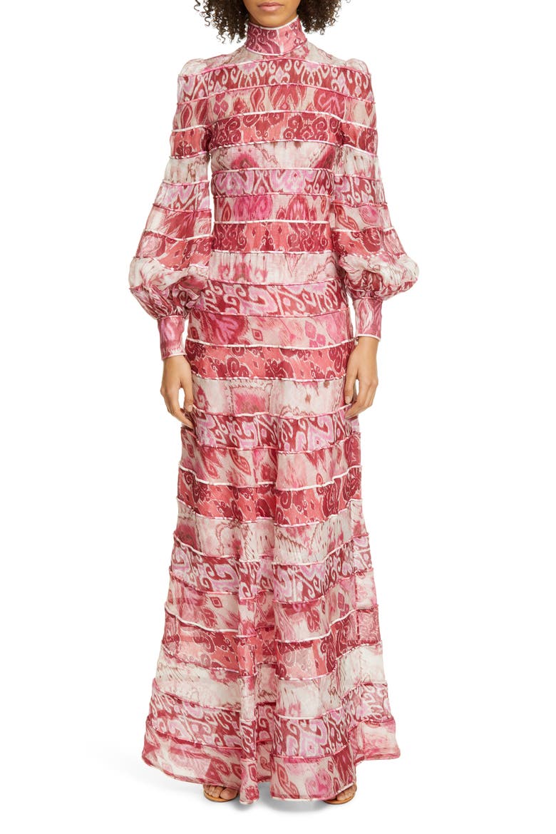 Wavelength Long Sleeve Linen & Silk Maxi Dress, Main, color, SPLICED PINK IKAT