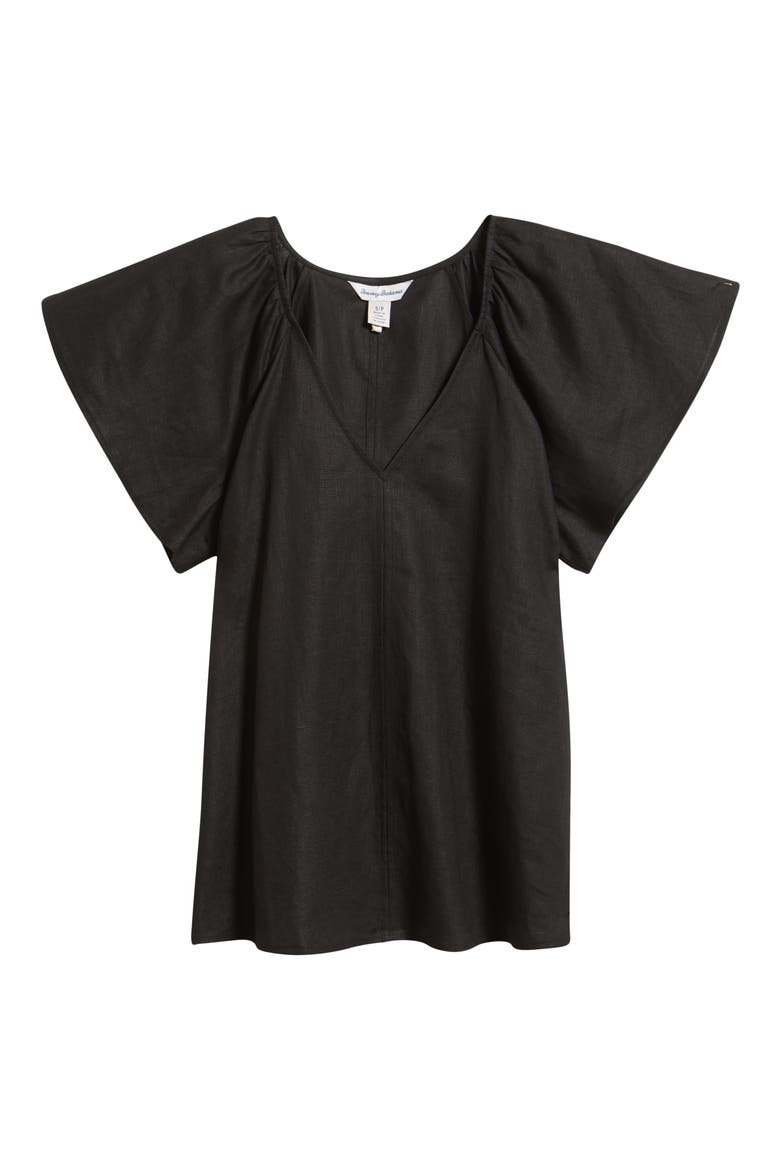 Coastalina Flutter Sleeve Linen Top, Alternate, color, BLACK