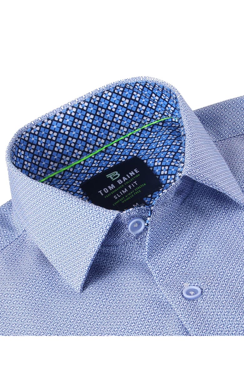 TOM BAINE Slim Fit Short Sleeve Performance Stretch Button-Up Shirt, Alternate, color, Blue/ White
