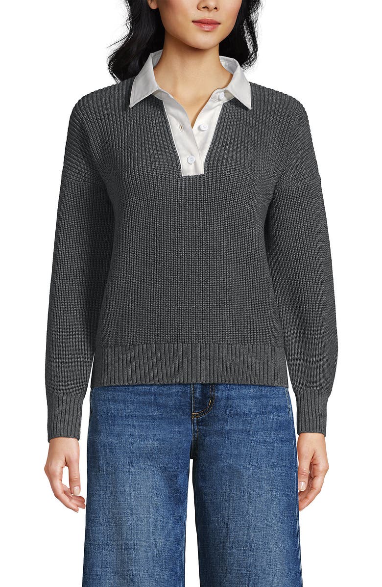 Lands' End Drifter Rugby with Woven Collar Sweater, Main, color, Charcoal Heather