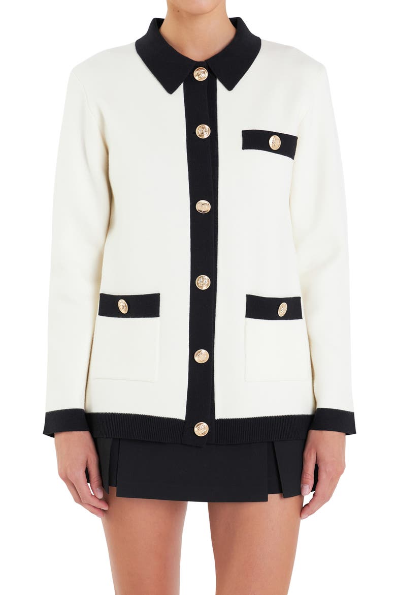 Contrast Edge Collared Cardigan, Alternate, color, WHITE/ BLACK