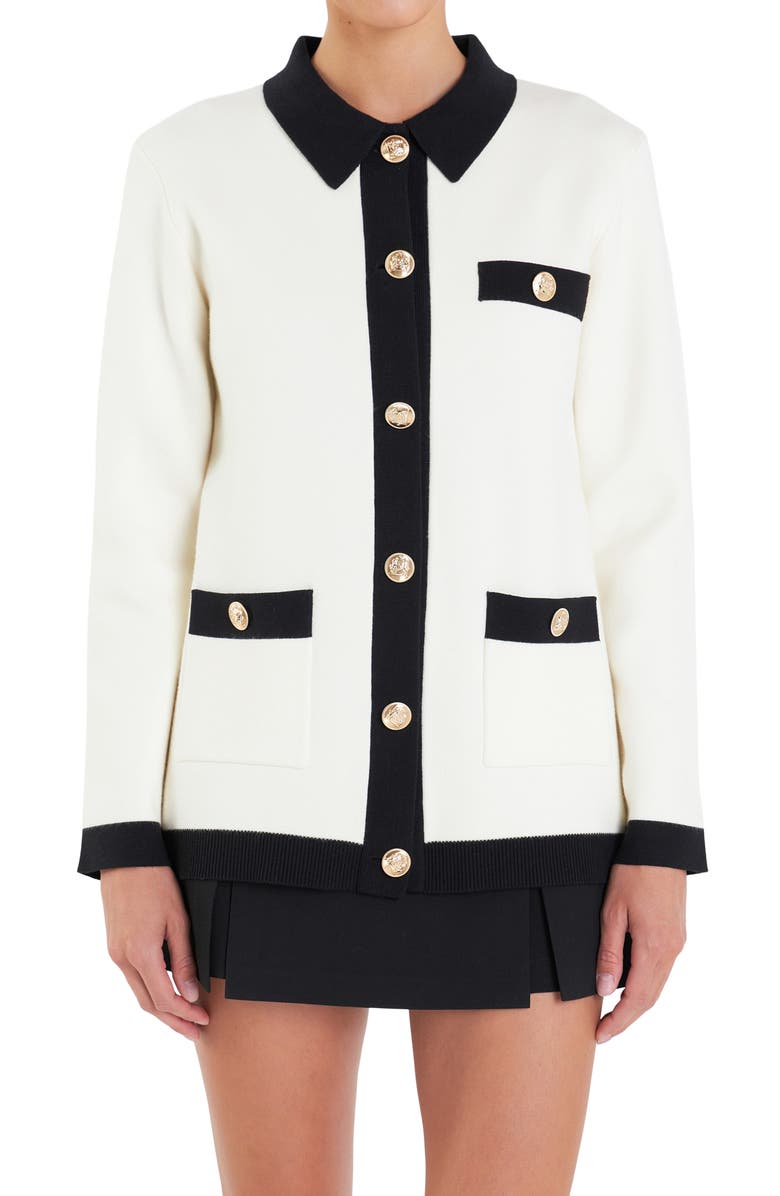 English Factory Contrast Edge Collared Cardigan, Alternate, color, White/ Black