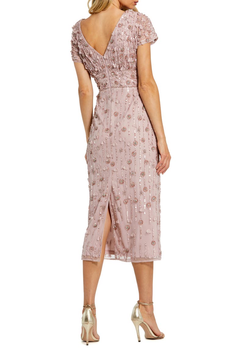 Cap Sleeve Column Midi Dress With Floral Beading, Alternate, color, VINTAGE LILAC