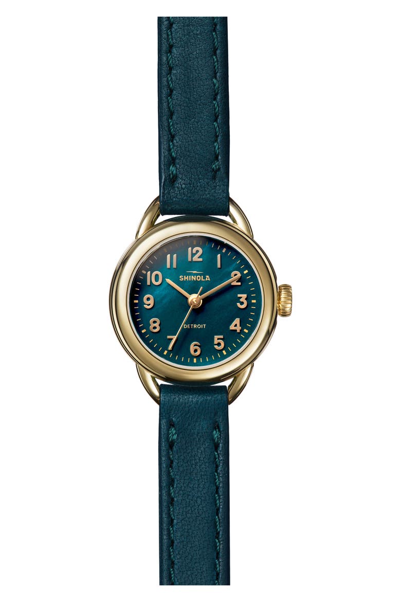 Runabout Mother-of-Pearl Leather Strap Watch, 25mm, Main, color, EMERALD MOTHER OF PEARL
