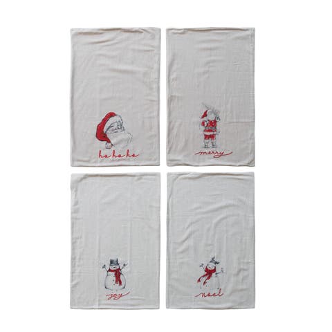 4-Piece Cotton and Linen Printed Tea Towel with Snowman/Santa Image, Embroidered Holiday Word and Terry Cloth Back, Natural, Black and Red