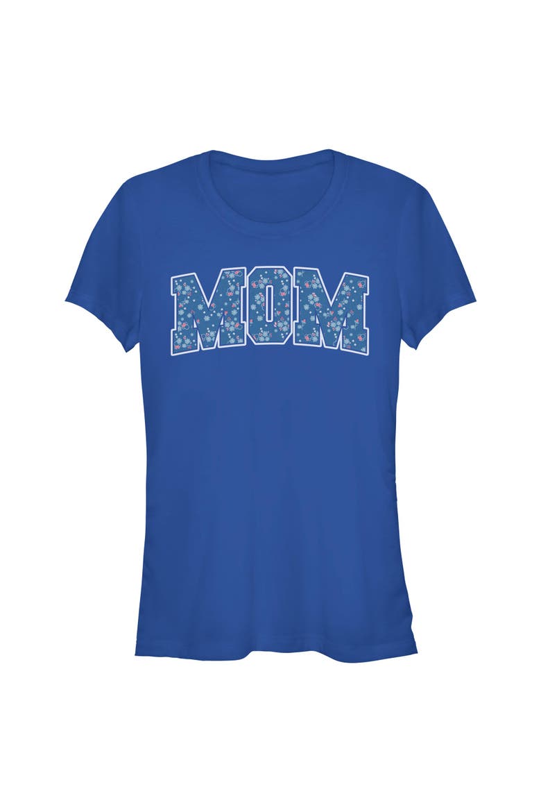 Junior's Minnie Mouse Mom Collegiate Flower Pattern  Graphic T-Shirt, Main, color, Royal Blue