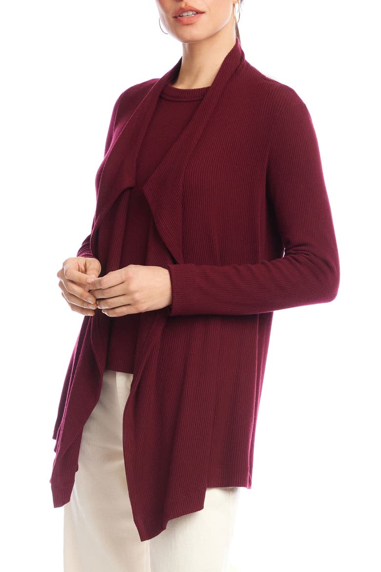 Rib Draped Open Front Cardigan, Alternate, color, WINE