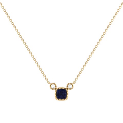 Cushion Cut Sapphire & Diamond 14K Gold Birthstone Necklace
