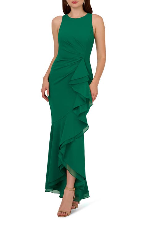 Discount NWOT Adrianna Papell Pleated Hi Low Mikado Gown Green 12