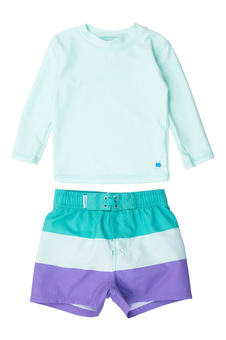 Long Sleeve Rashguard & Stripe Swim Trunks Set, Main, color, GREEN