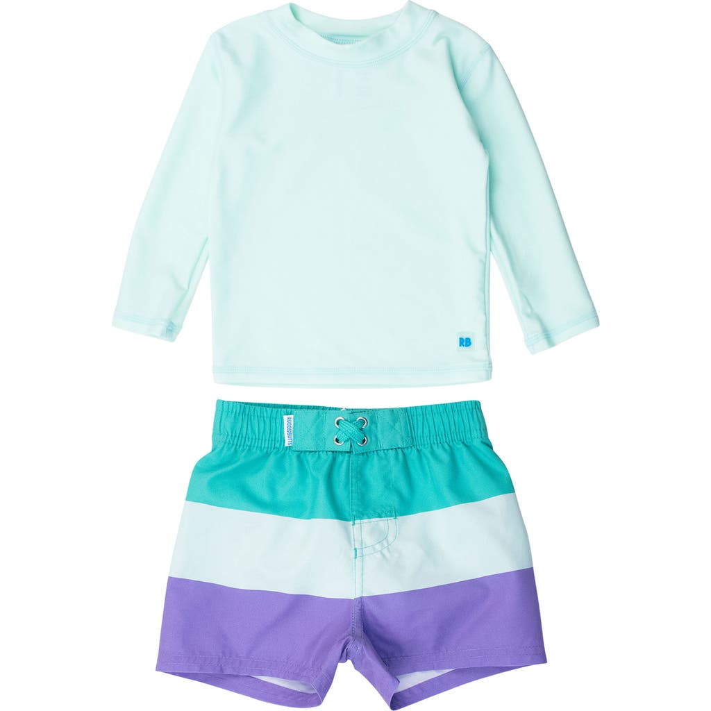 Ruggedbutts Long Sleeve Rashguard & Stripe Swim Trunks Set In Green