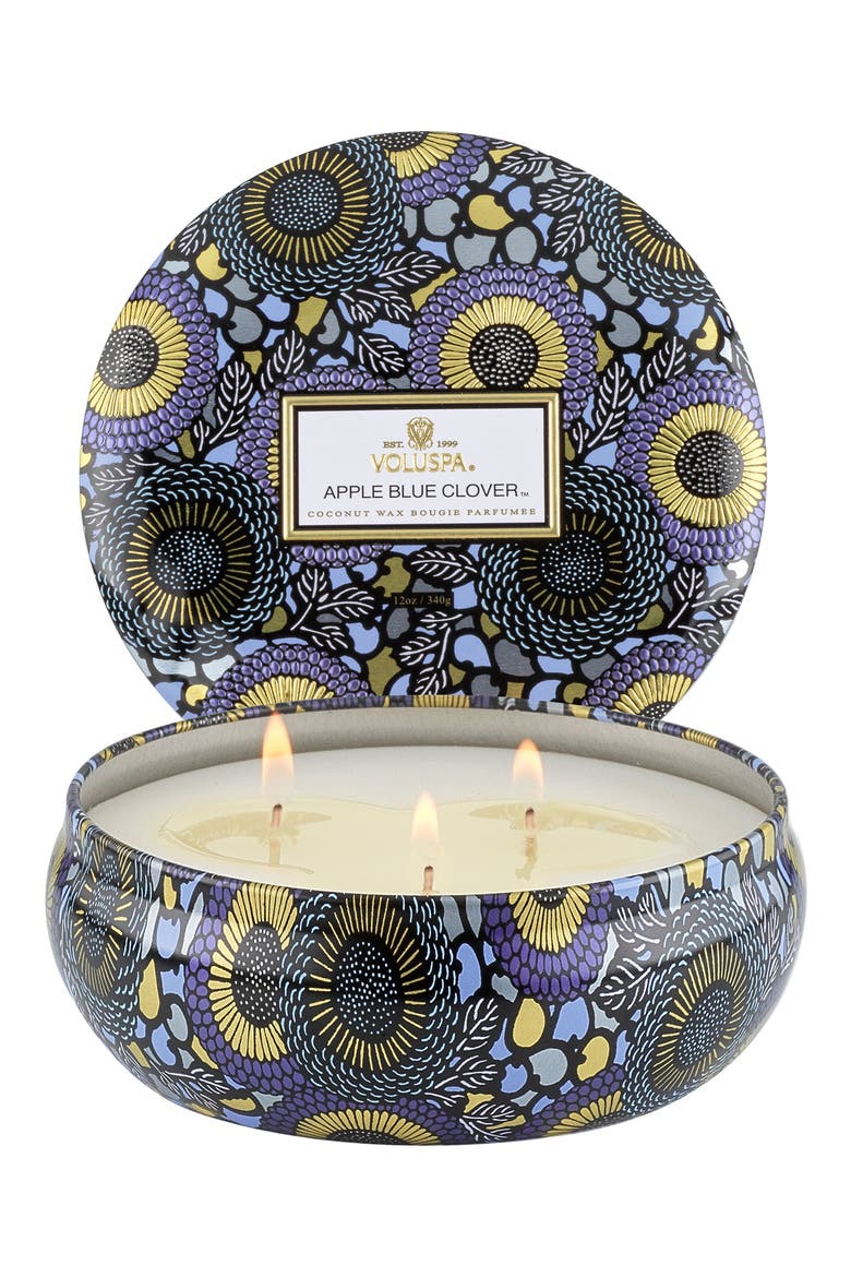 Apple Blue Clover Three-Wick Tin Candle, Alternate, color, APPLE BLUE CLOVER