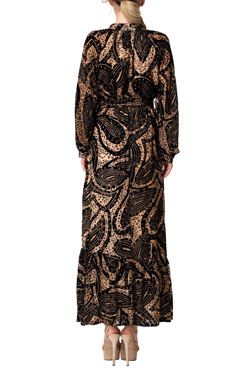 CIEBON Aria Tie Belt Long Sleeve Burnout Faux Wrap Velvet Dress, Alternate, color, Black Multi