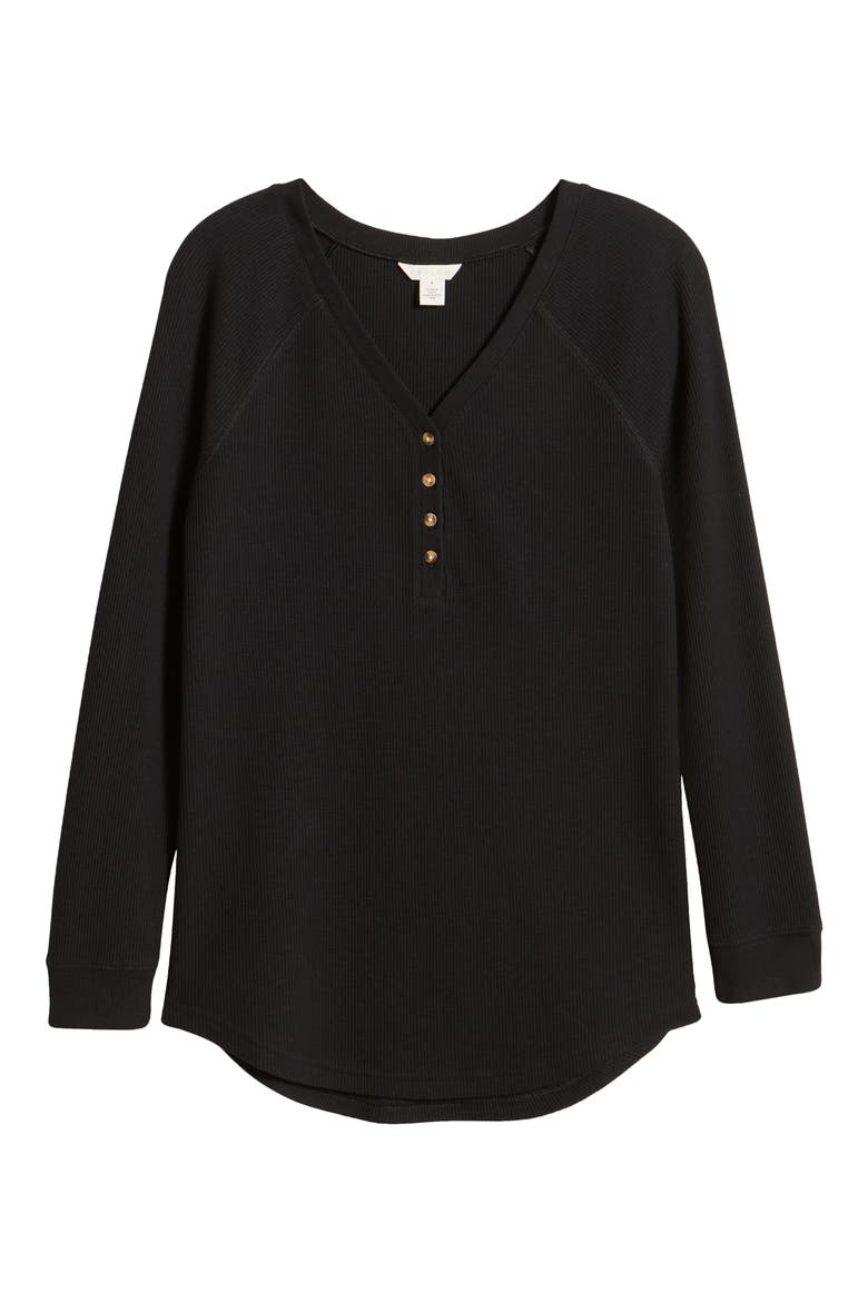 Waffle Knit Cotton Blend Henley Top, Alternate, color, BLACK