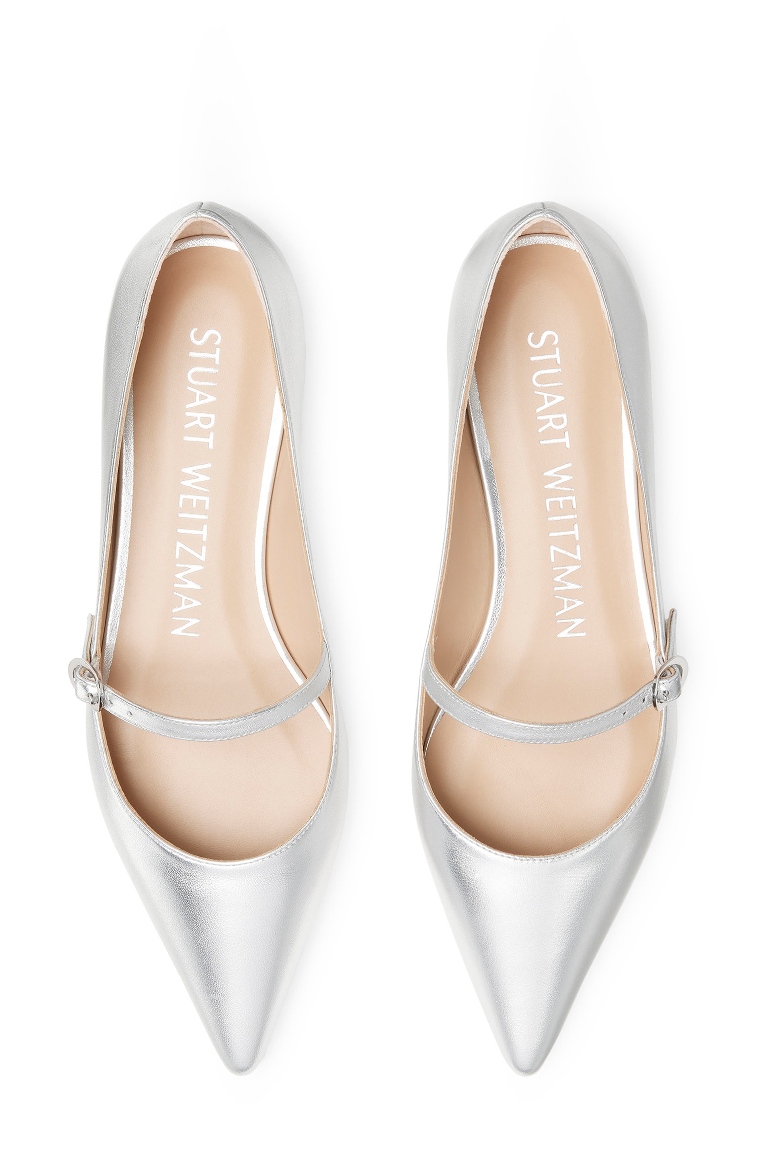Stuart Weitzman Emilia Mary Jane Flat, Alternate, color, Silver