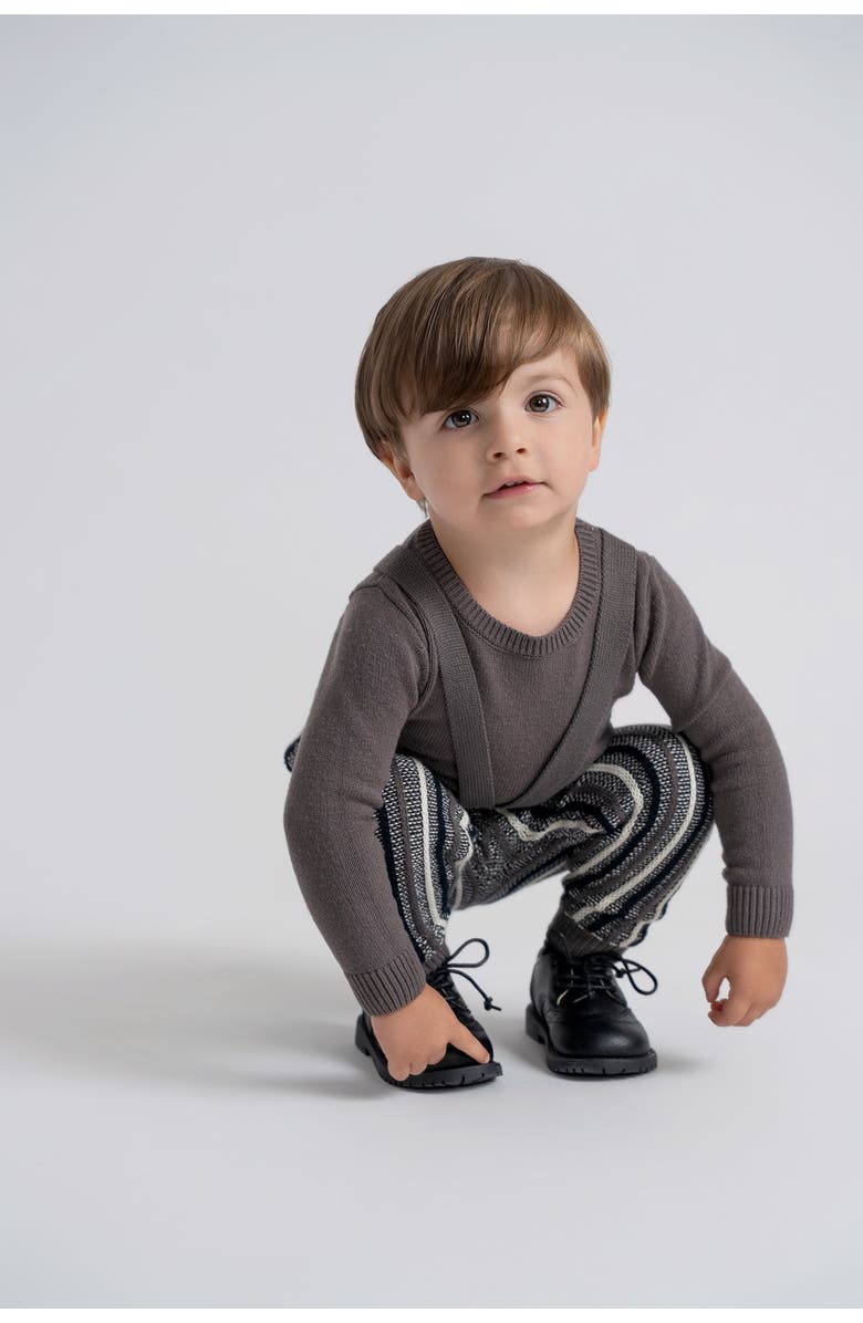 No18 Kids Striped Overall Long Sleeve Knit Ribbed Strap Sweater and Overall Set, Alternate, color, Grey