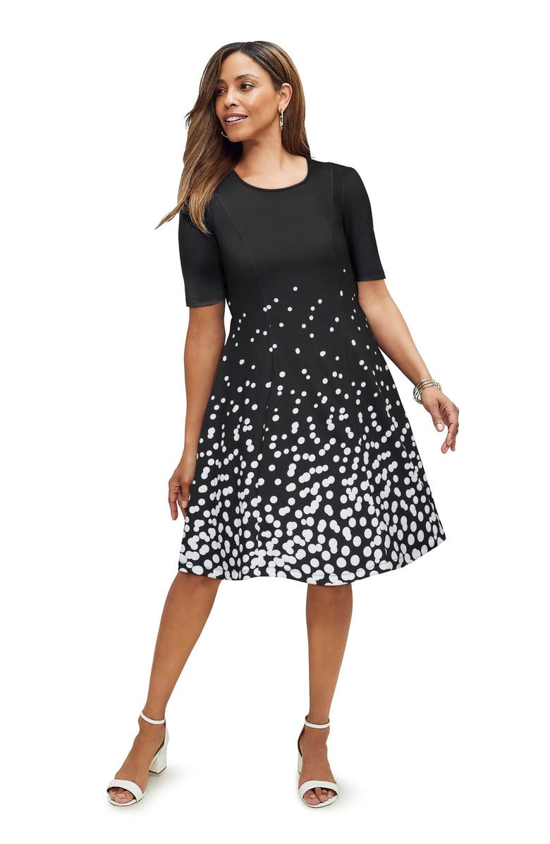 Jessica London Stretch Ponte Flare Dress, Main, color, White Dot Border