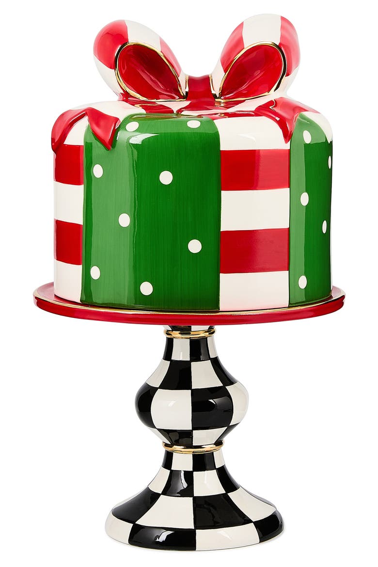 Check It Out Gift Box Lidded Ceramic Cake Stand, Main, color, GREEN