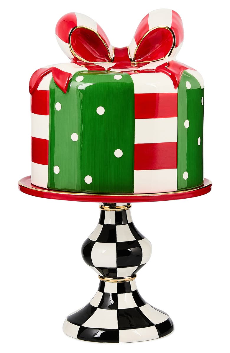 MACKENZIE CHILDS Check It Out Gift Box Lidded Ceramic Cake Stand, Main, color, Green