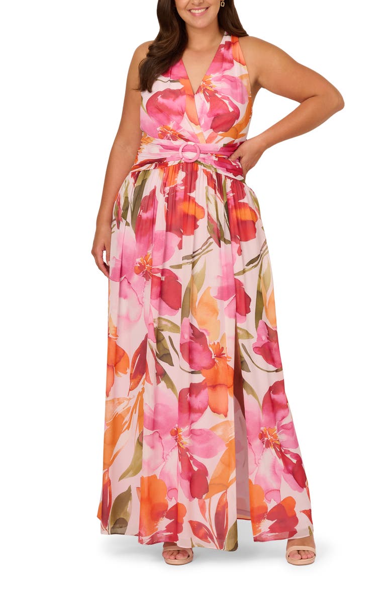 Floral Print Sleeveless Chiffon Gown, Main, color, PINK/ ORANGE MULTI