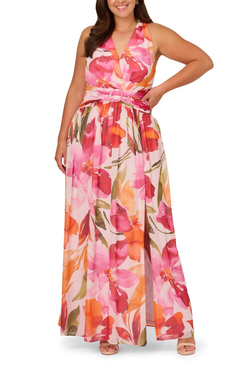 Adrianna Papell Floral Print Sleeveless Chiffon Gown, Main, color, Pink/ Orange Multi