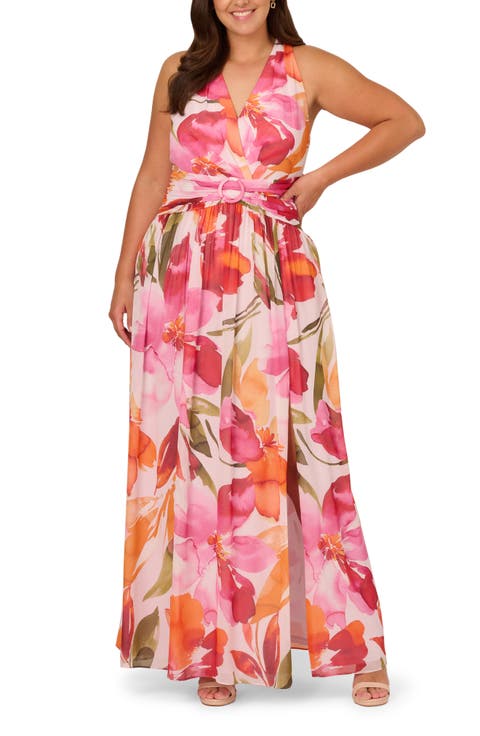 Floral Print Sleeveless Chiffon Gown (Plus)