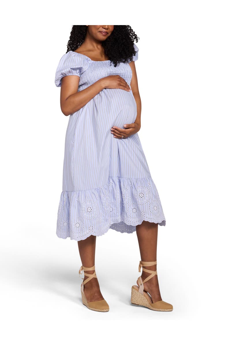 MOTHERHOOD MATERNITY Smocked Bodice with Puff Sleeves Midi Dress, Alternate, color, Blue & White Stripe