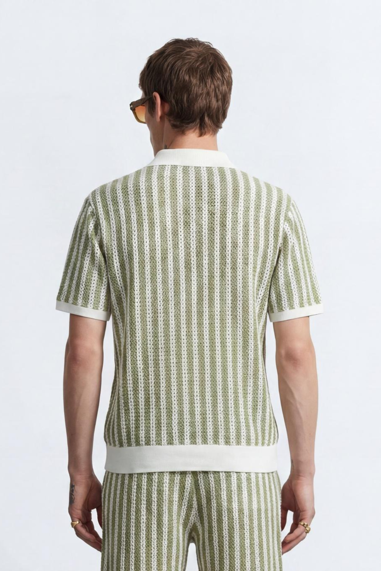 Albie Stripe Cotton Crochet Polo Shir, Alternate, color, Cream Khaki