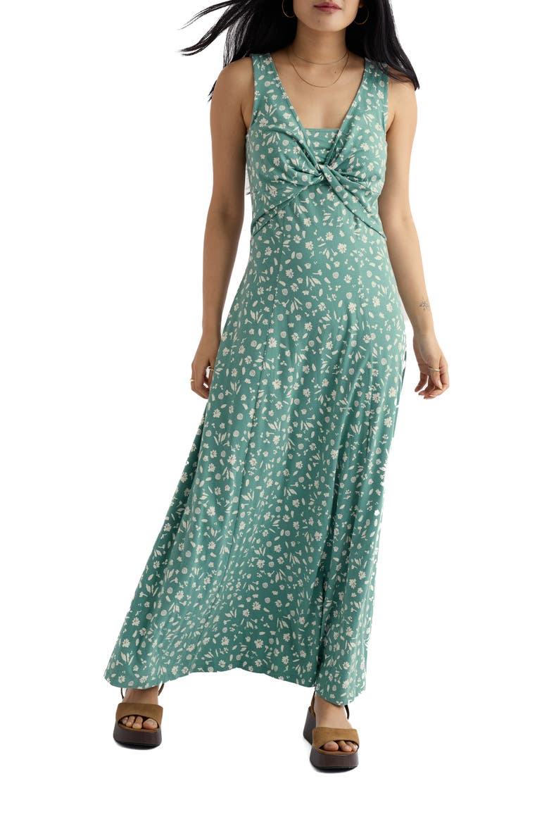 May Apple Floral Stretch Cotton Maxi Dress, Main, color, SEA SPRAY FLORAL SARDINE